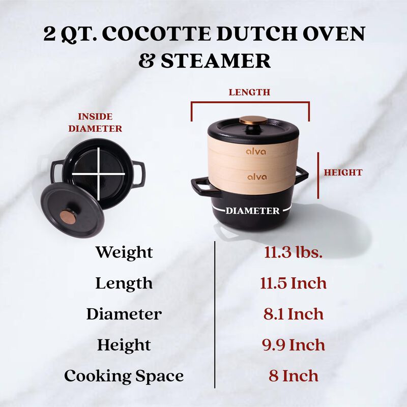 Alva Nori Enameled Cast Iron Dutch Oven with Lid & Bamboo Steamer Basket 2.5 Qt. Nonstick Stove-to-Table Enamel Coated Pot, Non Toxic, Compatible with All Stovetops, Oven Safe & Induction Safe