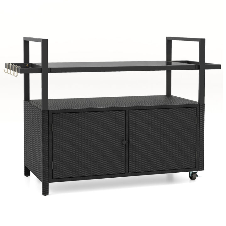 Outdoor Bar Cart Rolling Wicker Buffet Serving Cart with Tempered Glass Top Storage Cabinet