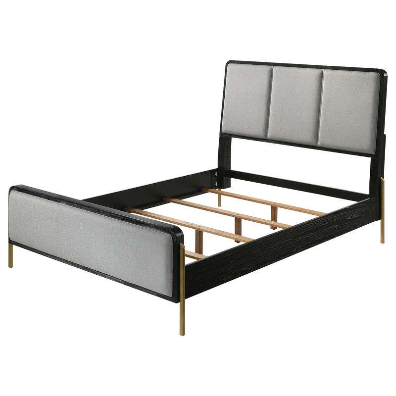 Fij Queen Size Bed, 3 Block Panel Headboard, Slim Legs, Gray Upholstery - Benzara