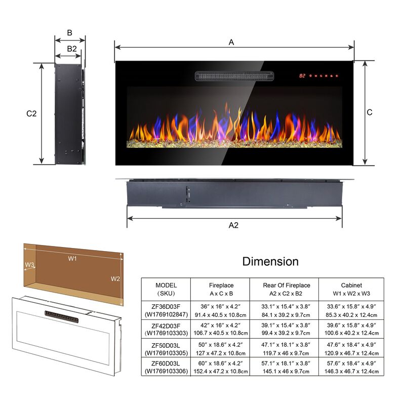 MONDAWE 50 Inch Recessed Ultra Thin Tempered Glass Front Wall Mounted Electric Fireplace With Remote And Multi Color Flame & Emberbed, LED Light Heater