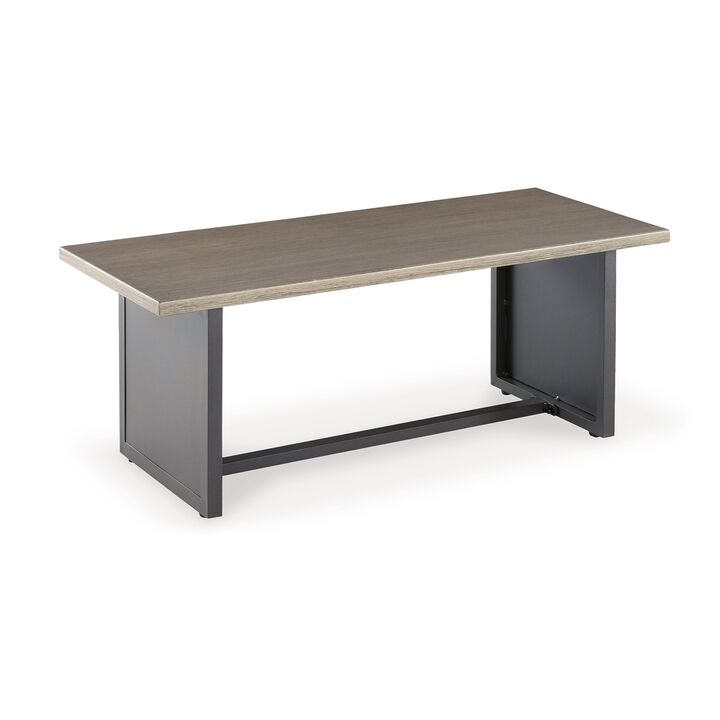 38 Inch Outdoor Table, Rectangular Faux Wood Top, Modern Two Tone Brown - Benzara