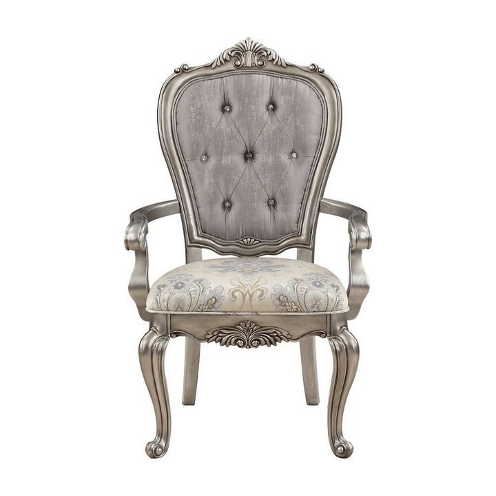 Aria 27 Inch Dining Armchair Set of 2, Plush Velvet, Antique Platinum Tone - Benzara