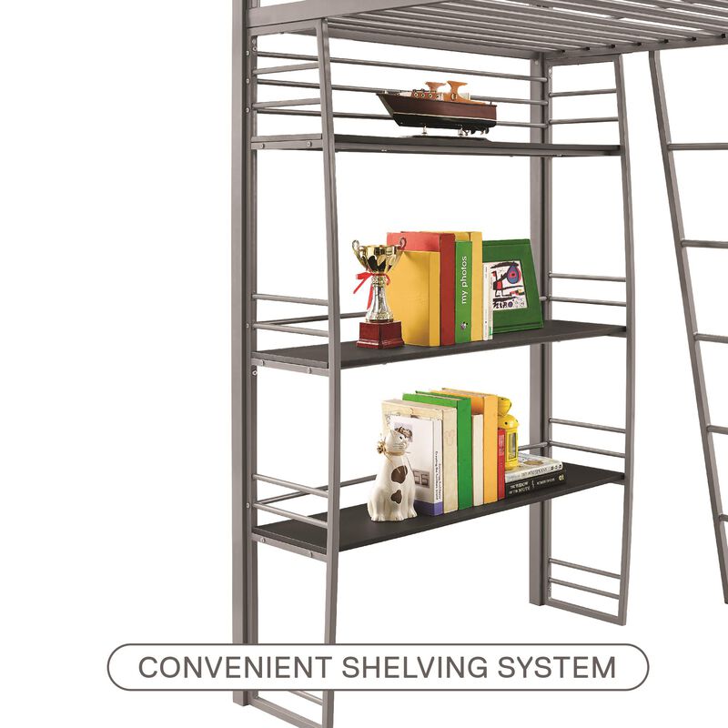 Atwater Living Lynn Modern Twin Loft Bed with Display Shelves and Desk