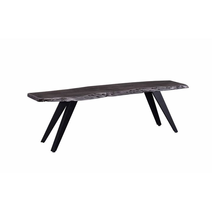 Salz 60 Inch Modern Dining Bench, Acacia Wood, Live Edge, Gray, Black-Benzara