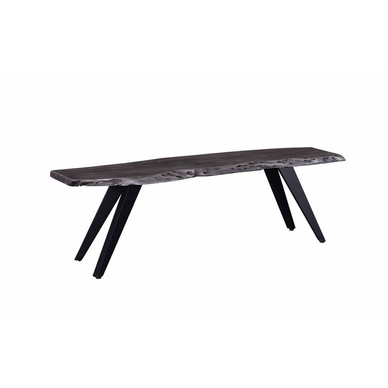 Salz 60 Inch Modern Dining Bench, Acacia Wood, Live Edge, Gray, Black-Benzara