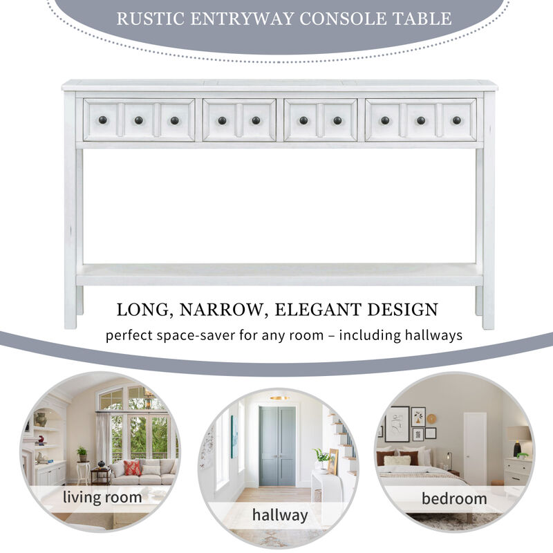 Antique White Console Table with Drawers and Shelf, 60" Long