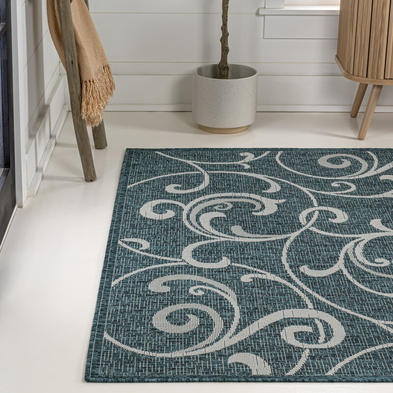 Maribel Traditional Classic All-Over Scroll Turquoise/Cream 8 ft. x 10 ft. Indoor/Outdoor Area Rug