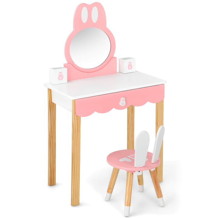 Kids Vanity Set Rabbit Makeup Dressing Table Chair Set with Mirror and Drawer