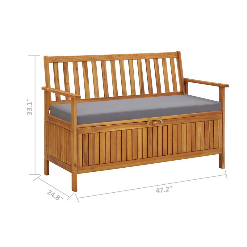 Outdoor Storage Bench, Brown Solid Acacia Wood, Gray Fabric, 47 Inch - Benzara