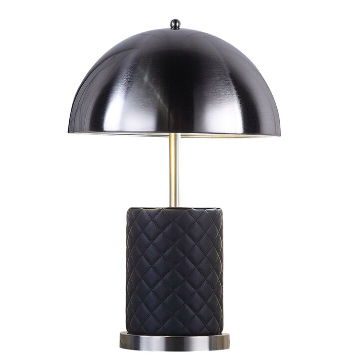 Aria 21 Inch Table Lamp, Round, Dome Shade, Dark Silver, Black Faux Leather-Benzara