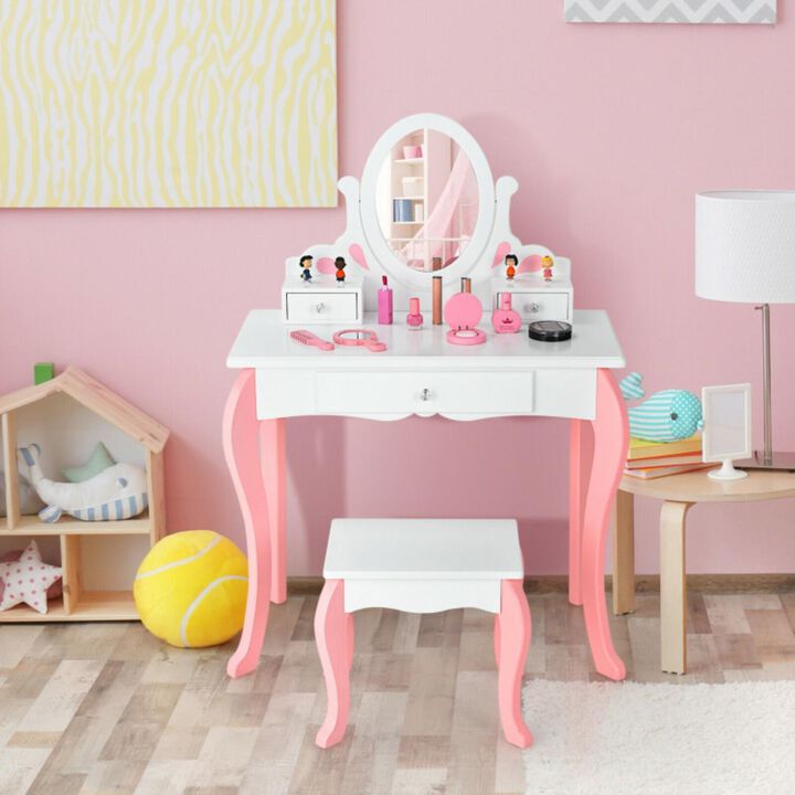 Hivvago Kids Vanity Princess Makeup Dressing Table Stool Set with Mirror and Drawer