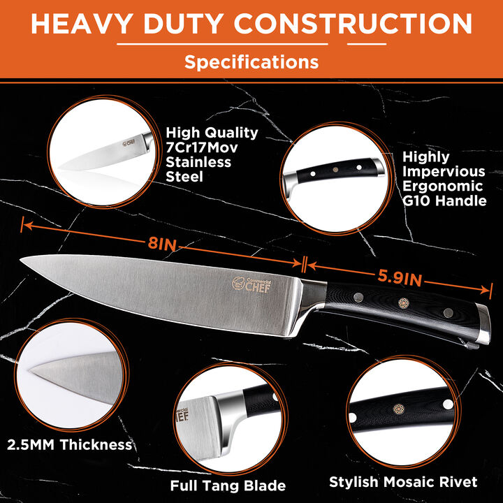 Commercial Chef Pro Chef Knife 8 inch Blade with Triple Rivet Ergonomic G10 Handle with Knife Sharpener - 7Cr17Mov High Carbon Stainless Steel Forged Chef's Knife Razor Sharp Full Tang Sharp