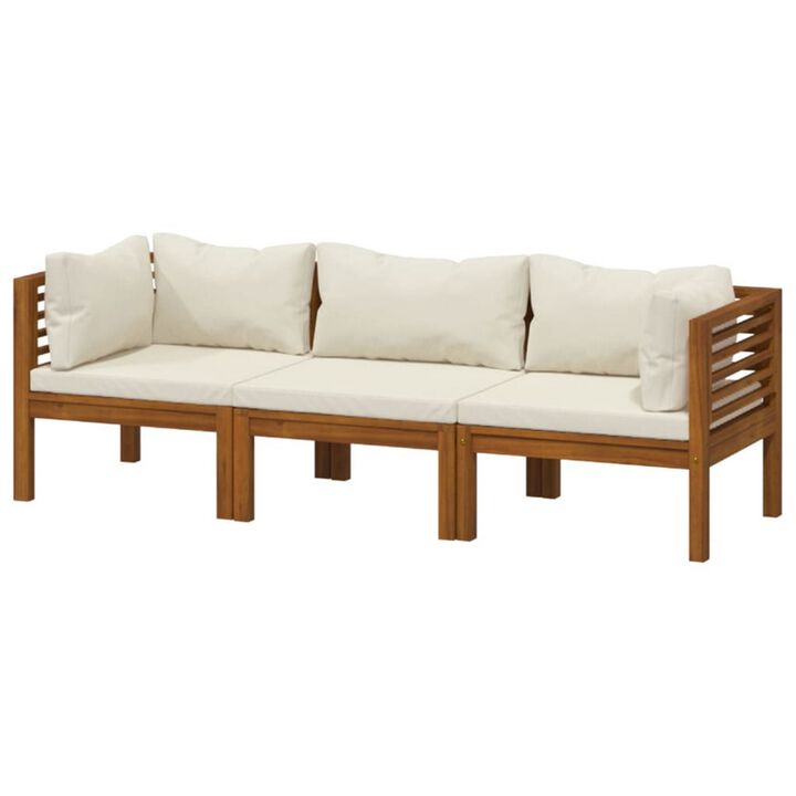 Lina 3pc Outdoor Modular Sofa Set, Brown Acacia Wood, Cream Polyester - Benzara