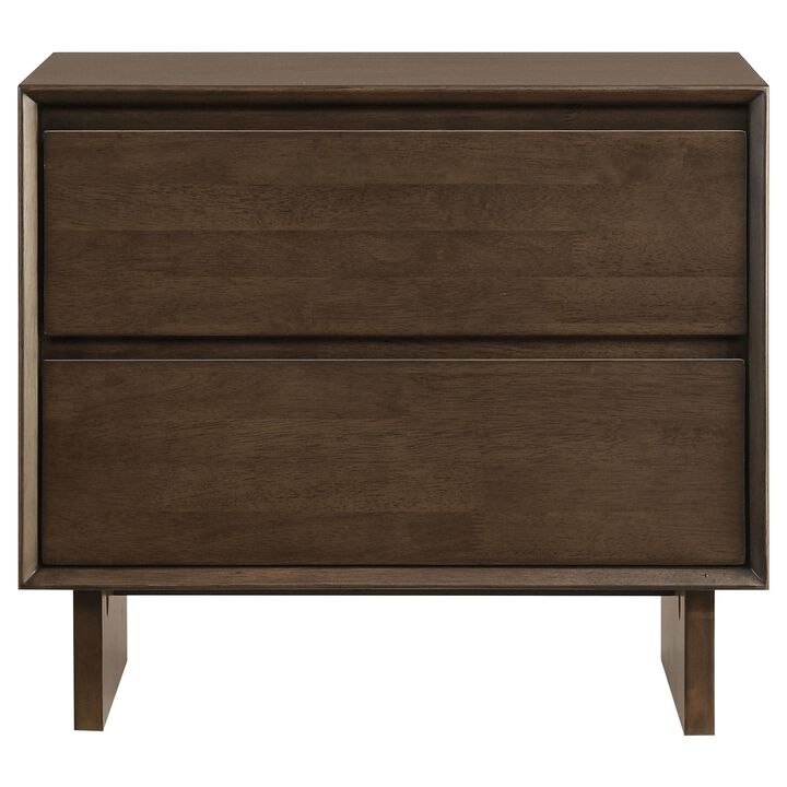 Genu Nightstand, 2 Drawers w Fingertip Handles, Warm Walnut Brown - Benzara