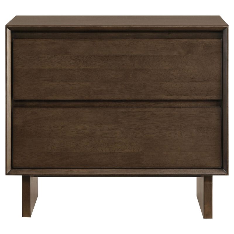 Genu Nightstand, 2 Drawers w Fingertip Handles, Warm Walnut Brown - Benzara