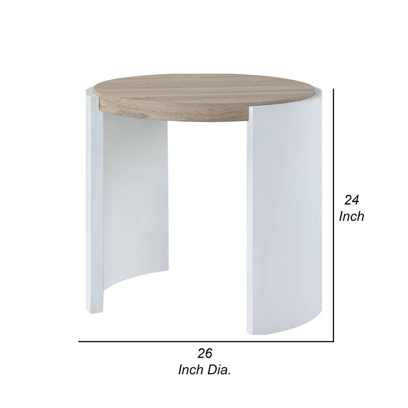 Romani Side End Table, White High Gloss Wood, Brown Top, Oval 26 Inch - Benzara