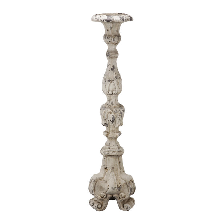 28 Inch Metal Candle Holder, Classical Turned Pedestal, Distressed White - Benzara