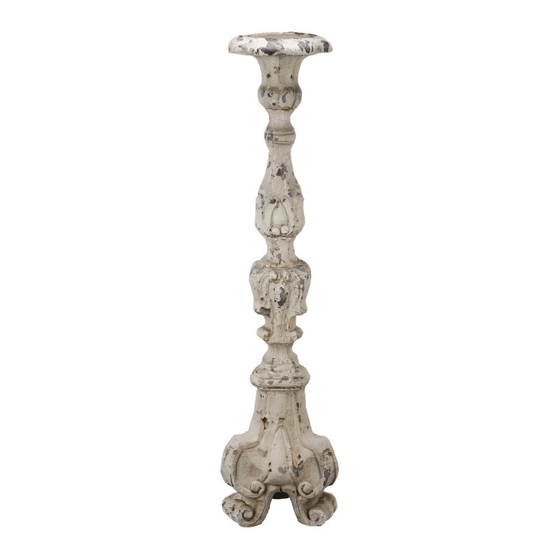 28 Inch Metal Candle Holder, Classical Turned Pedestal, Distressed White - Benzara