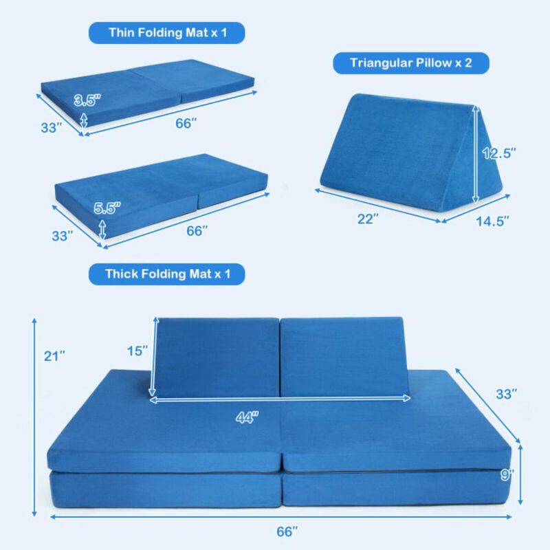 Hivvago 4 Pieces Convertible Kids Couch Set with 2 Folding Mats