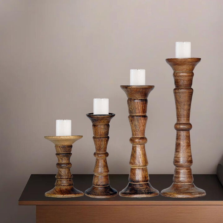 Traditional Medium Burnt Eco-friendly Handmade Mango Wood Set Of Four 6",9",12" & 15" Pillar Candle Holder