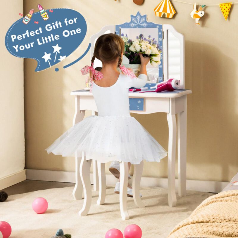 Hivvago Princess Vanity Table and Chair Set with Tri-Folding Mirror and Snowflake Print
