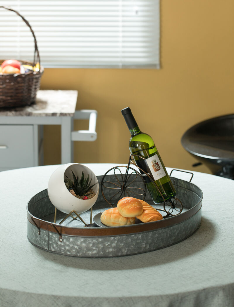 Galvanized Metal Oval Rustic Serving Tray With Handles, Large
