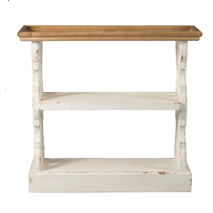 35 Inch 3 Tier Console Table, Fir Wood, Carved Panels, Brown and White - Benzara
