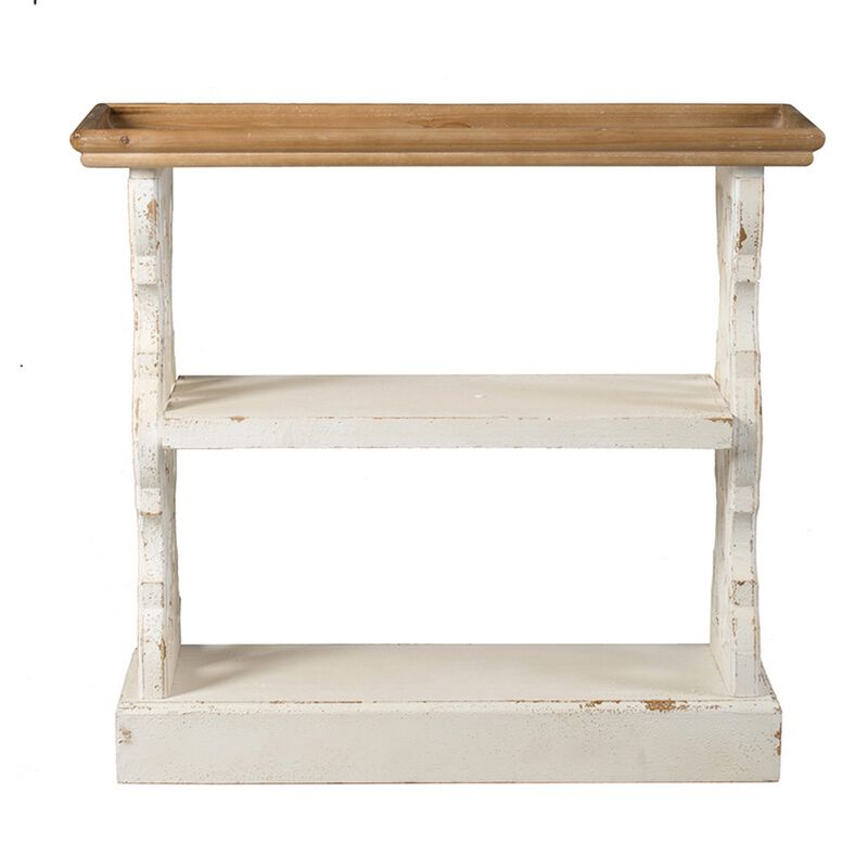 35 Inch 3 Tier Console Table, Fir Wood, Carved Panels, Brown and White - Benzara