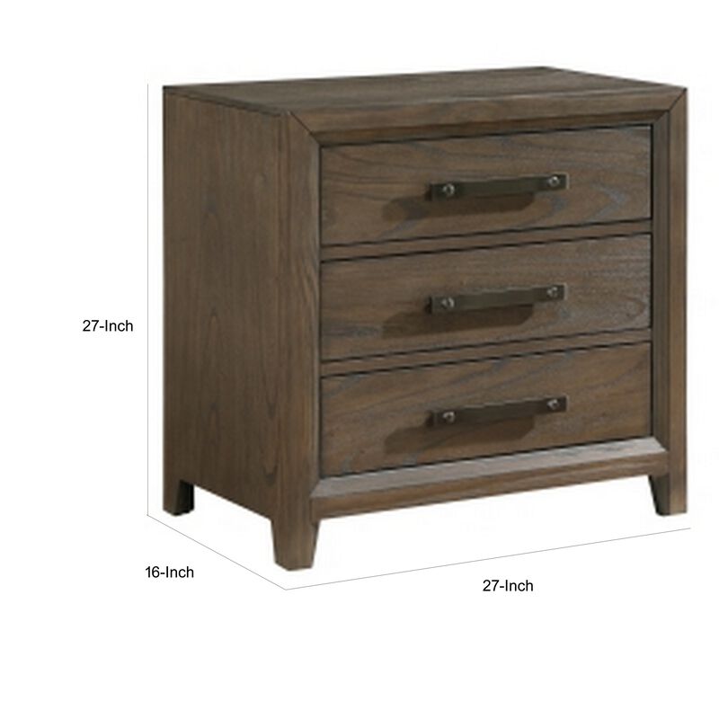 Wyn 27 Inch Nightstand, 3 Drawers, Nickel Handles, Brushed Walnut Brown - Benzara