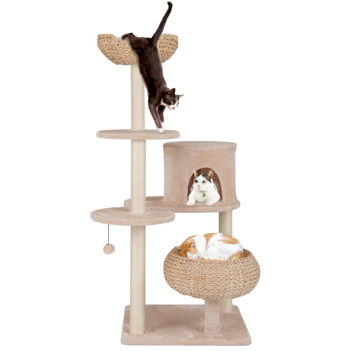 59" Cattail Cat Tower with Sisal Scratching Posts, Soft Hammock & Cozy Perches
