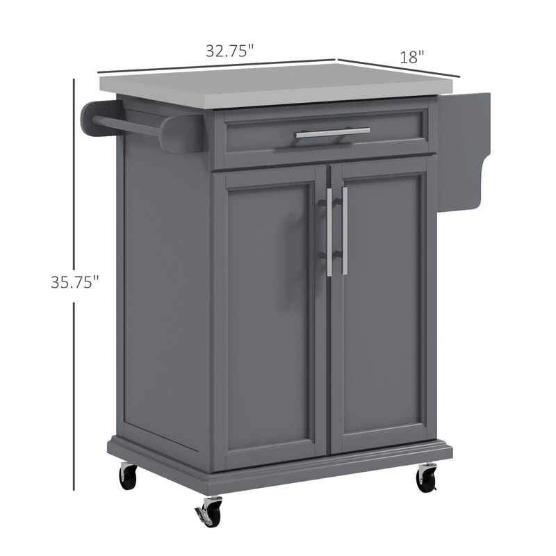 Gray Kitchen Island Cart: Drawer, Stainless Top, Utility Storage
