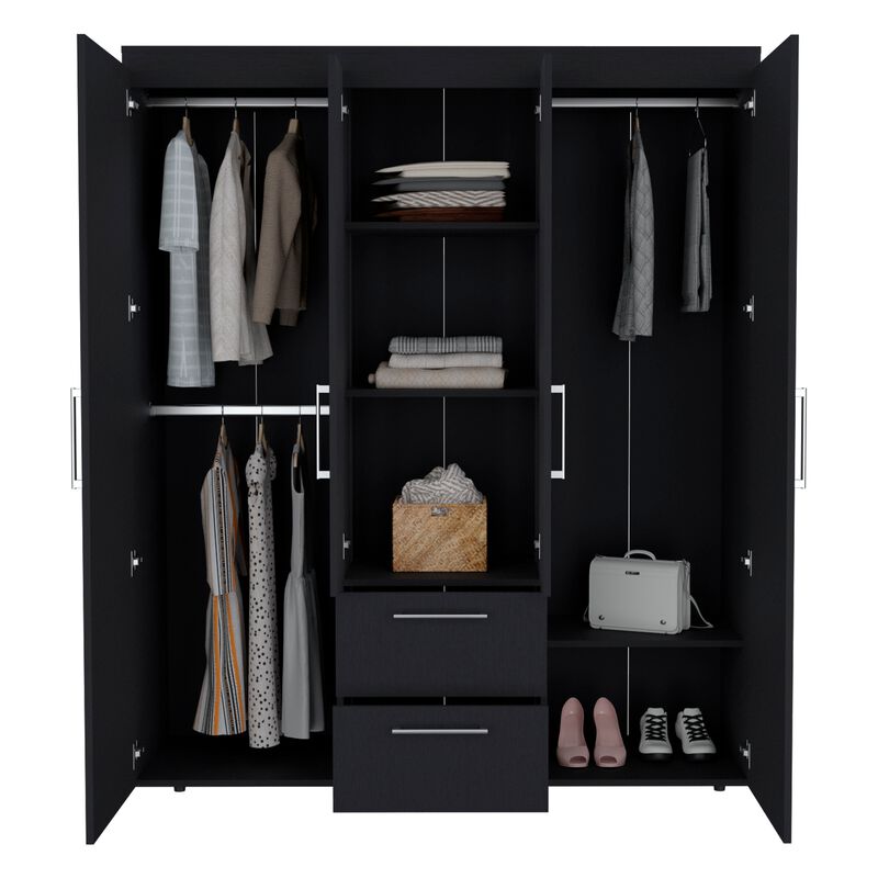 Bariloche Wardrobe, Multi-Section Storage with Hanging Rods, Shelves, and 2 Drawers-Black