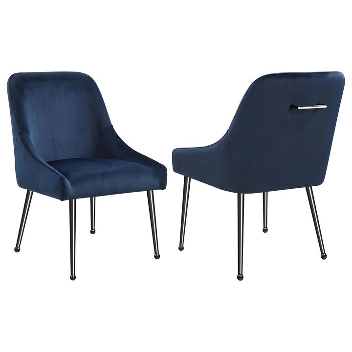 Maya Dining Side Chair Set of 2, Slope Arms, Black Metal, Blue Velvet - Benzara
