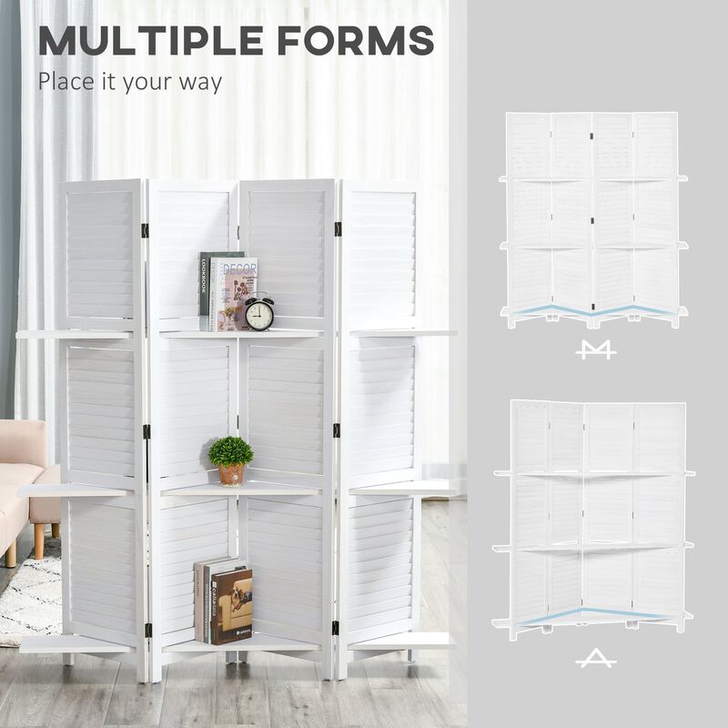 White Room Divider: 67" 4-Panel Portable Screen with Display Shelves