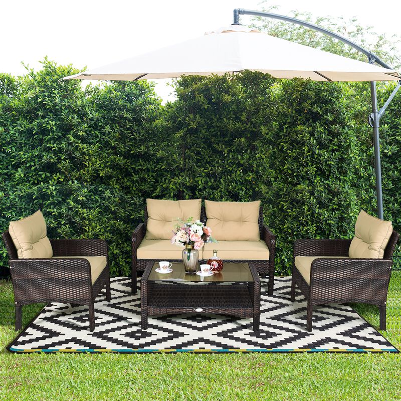 4 Pieces Outdoor Rattan Wicker Loveseat Furniture Set with Cushions