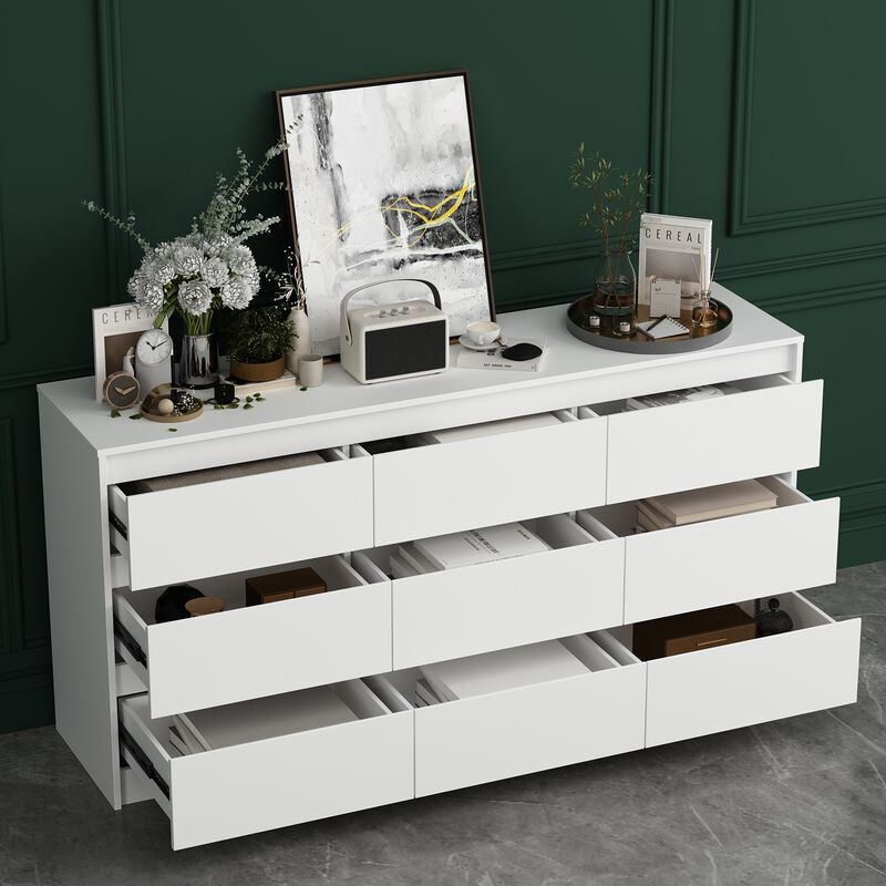 9-Drawer White Paint Finish Dresser Chest of Drawers 31.5 in. H x 63 in. W x 15.7 in. D