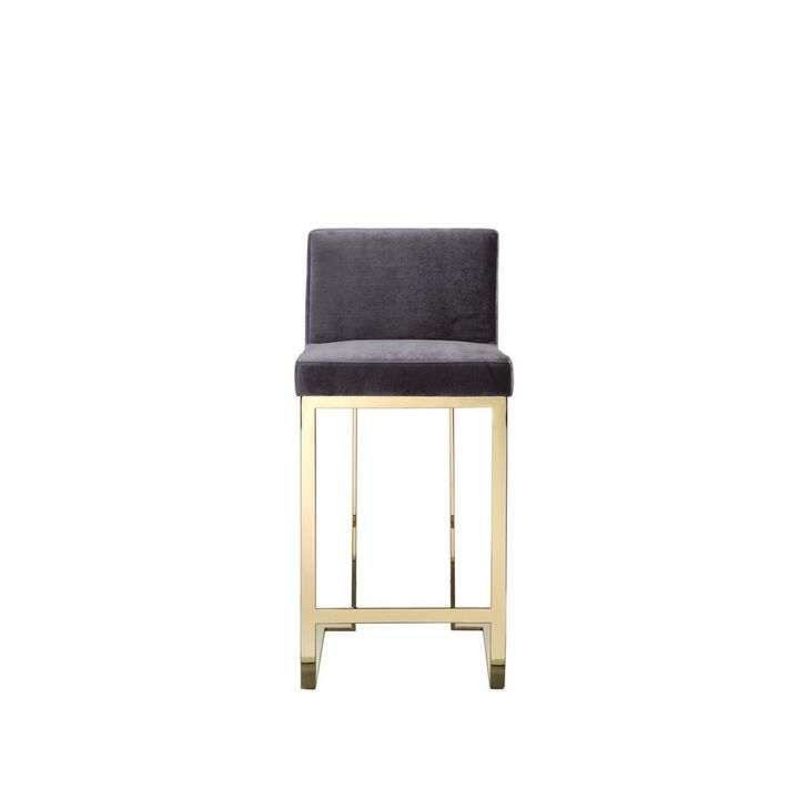 Boly 26 Inch Counter Stool Chair, Cushioned Gray Velvet, Gold Cantilever - Benzara
