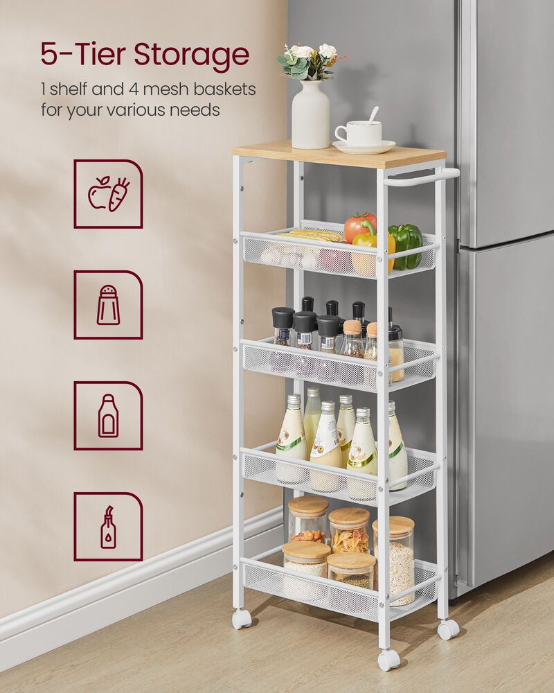 5-Tier Rolling Utility Cart with Handle - Sturdy Metal Frame for Versatile Storage