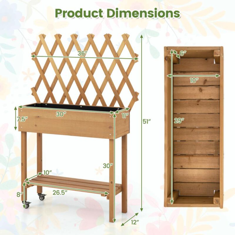 Hivvago Wooden Rolling Raised Garden Bed with Trellis and Storage Shelf