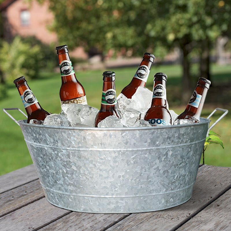 Embossed Design Oval Shape Galvanized Steel Tub with Side Handles, Small, Silver-Benzara