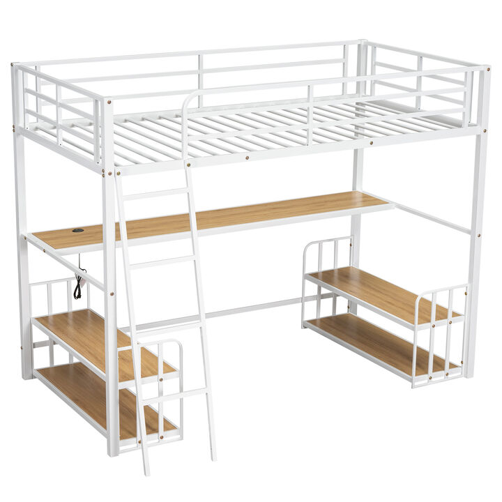 Merax Metal Loft Bed with Desk and Storage Shelves