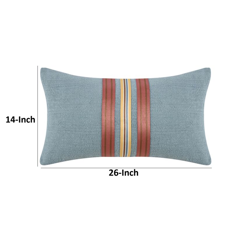Reto Lumbar Throw Pillow, 14x26in Striped Applique, Blue Cotton Linen - Benzara