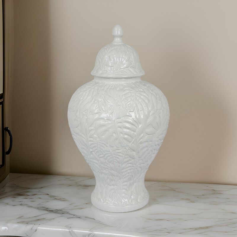 Deni 18 Inch Temple Jar, Embossed Design, Removable Lid, White Finish - Benzara