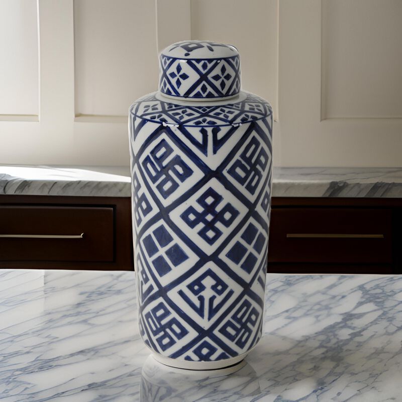 14 Inch Lidded Jar, Geometric Pattern, Cylindrical Blue and White Porcelain-Benzara