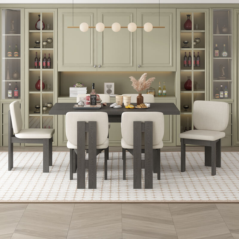7-Piece Retro Dining Table Set for 6, 60" Wood Dining Table Set for 6 with Upholstered Chairs and Designed Trestle Base for kitchen & Dining Room (Grey)