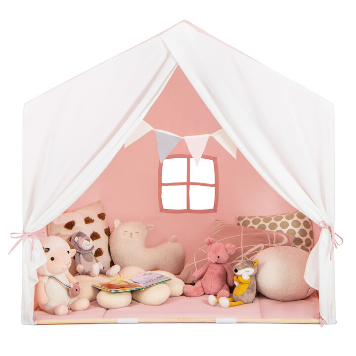Kid's Play Tent with Washable Cotton Mat and Flag Banner