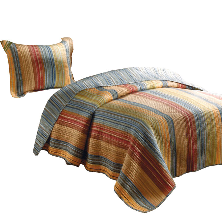 Huascaran 2 Piece Fabric Twin Size Quilt Set with Channel Stitching, Multicolor - Benzara