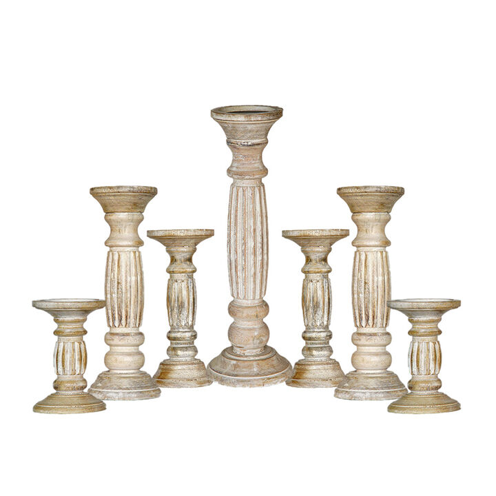 Traditional Antique White Eco-friendly Handmade Mango Wood Set Of Seven 6",9",12",15",12",9" & 6" Pillar Candle Holder