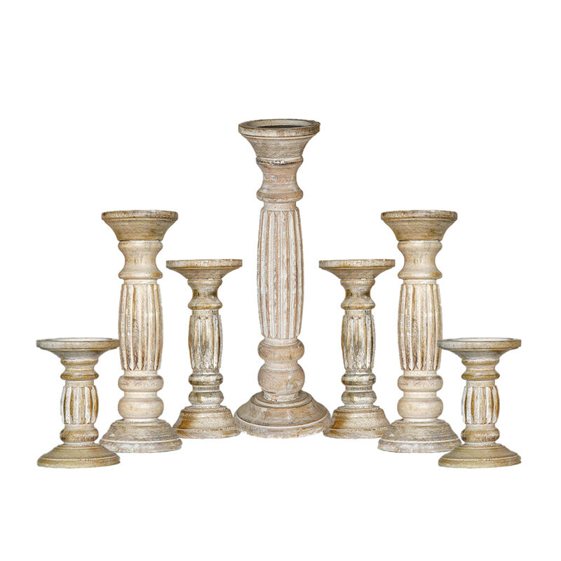 Traditional Antique White Eco-friendly Handmade Mango Wood Set Of Seven 6",9",12",15",12",9" & 6" Pillar Candle Holder