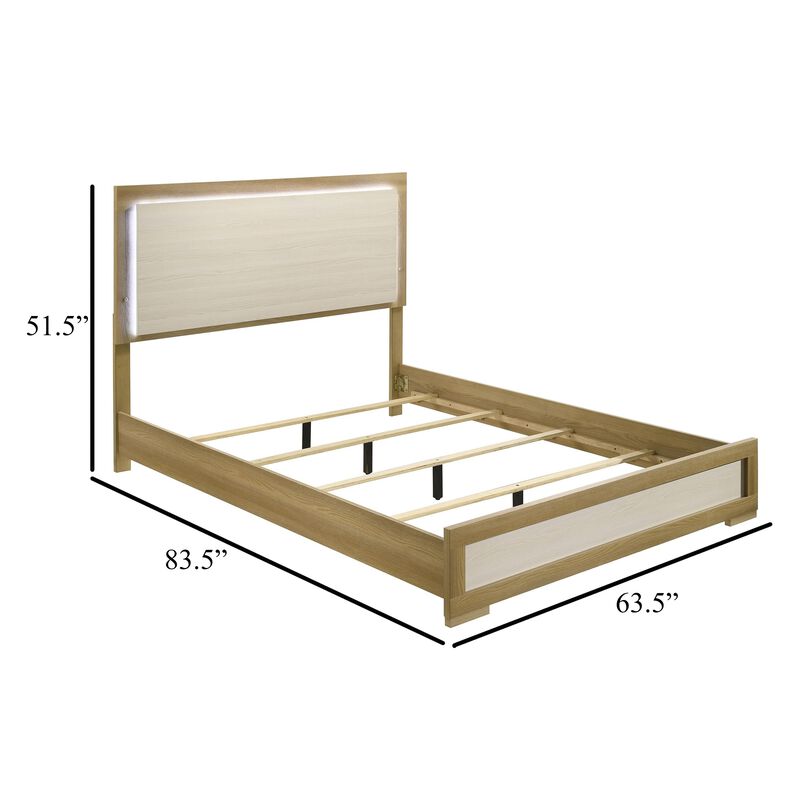Hyle Queen Size Bed, Natural Brown Hardwood, LED Backlit Headboard - Benzara